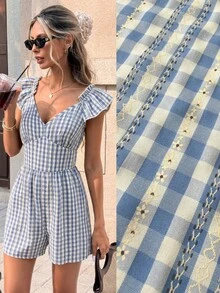 SHEIN PariChic 女款夏季法式優雅浪漫度假休閒穿搭 藍白格紋提花收腰短款荷葉袖連身褲 - 藍色 - 查看 1