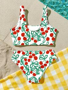 Tween Girl Cherry Print Bikini And Triangle Bottom Two-Piece Swimsuit Set Suitable For Summer Vacation Beach - Multicolor - View 2