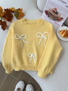 SHEIN Genkimix Kids 青少年女孩毛衣，奶油黃圓領套頭衫，3D刺繡白色蝴蝶結，柔軟針織上衣，可愛甜美極簡長袖，適合秋冬居家、外出、派對、拍照、戶外玩耍 - 黃色 - 查看 7