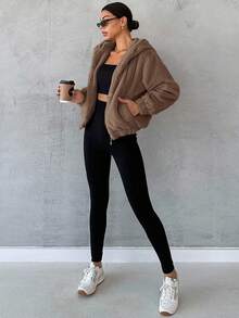 SHEIN Cottnline Chaqueta De Mujer Con Capucha Y Cordón De Felpa - Marrón Mocha - Ver 4