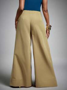Vixey Solid Woven High Waist Pleated Wide Leg Pants, Office, Casual Elegant, Tailored Trousers Khaki Green Summer - Camel - View 4