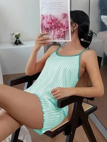 SHEIN 粉色條紋印花細肩帶上衣與短褲睡衣套裝 - 薄荷綠 - 查看 4
