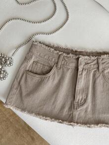 Elamini Distressed Ultra Low Waist Denim Mini Skirt - Khaki - View 5