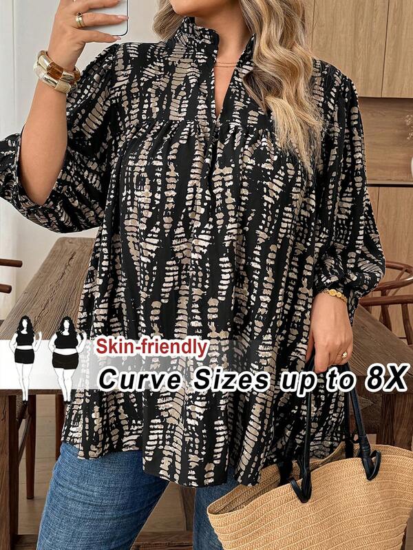 SHEIN CURVE+ Plus Size Women's All-Over Print Notch V-Neck Long Sleeve Loose Blouse Autumn Brunch Vacation Black Smart Casual