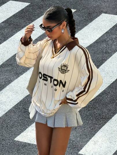 SHEIN Camiseta de manga larga para adolescentes, estilo deportivo casual universitario, nueva para otoño, color caqui con rayas, estampado de letras, cuello POLO y patchwork de cinta