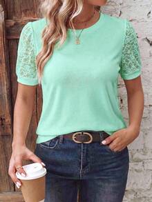 EMERY ROSE Women's Spring/Summer New Hot-Selling Lace Patchwork Design Casual Versatile Plus Size T-Shirt - Mint Green - View 4