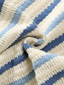 SHEIN 2pcs/Set Kids Young Boy Summer Cute Casual Blue & White Striped Short Sleeve Top & Striped Shorts Knit Sweater Set, Vacation Outfit, Summer Set, Shirt Set, Knit Set, Boys Outfit - Multicolor - View 5