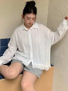 Dazy Plus 女款大尺碼連帽長袖寬鬆紋理布料蕾絲拼接休閒度假風標準版夾克 春夏 - 白色 - 查看 2