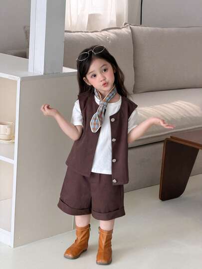 DAZY 女嬰純色休閒襯衫短褲套裝 幼兒