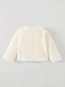 SHEIN Elladie kids 女婴温暖毛绒蝴蝶结装饰夹克，适合外出和日常穿着，秋冬季 - 米色 - 查看 2