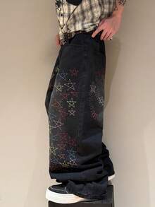STEELVANCE Street Style Retro Fashion Versatile Embroidered Design Loose Straight Leg Wide Leg Casual Denim Jeans (Belt And Accessories Not Included) - Black - View 6