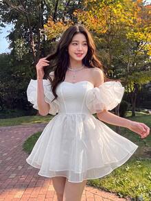 SHEIN MOD Women's Solid Color Off Shoulder Puff Sleeve Dress, Graduation Dress - White - View 4