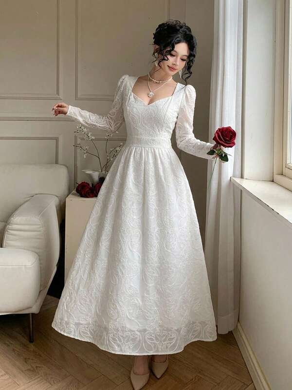 Joudiya Autumn Summer Long Sleeve White Wedding Banquet Evening Gown Cinched Waist A-Line Full Skirt Elegant Long Dress For Women
