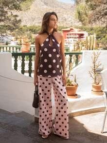 Nöista Setelan Atasan Halter Polkadot dan Celana Panjang Lebar dengan Desain yang Serasi. Sempurna untuk Liburan, Pesta, Liburan di Resor, dan Gaya yang Menonjol. - Berwarna merah muda - View 5