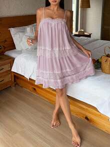 DAZY Romantic Vacation Colorblock Lace Patchwork Layered Ruffle Strap Nightgown For Women - Pink - View 5
