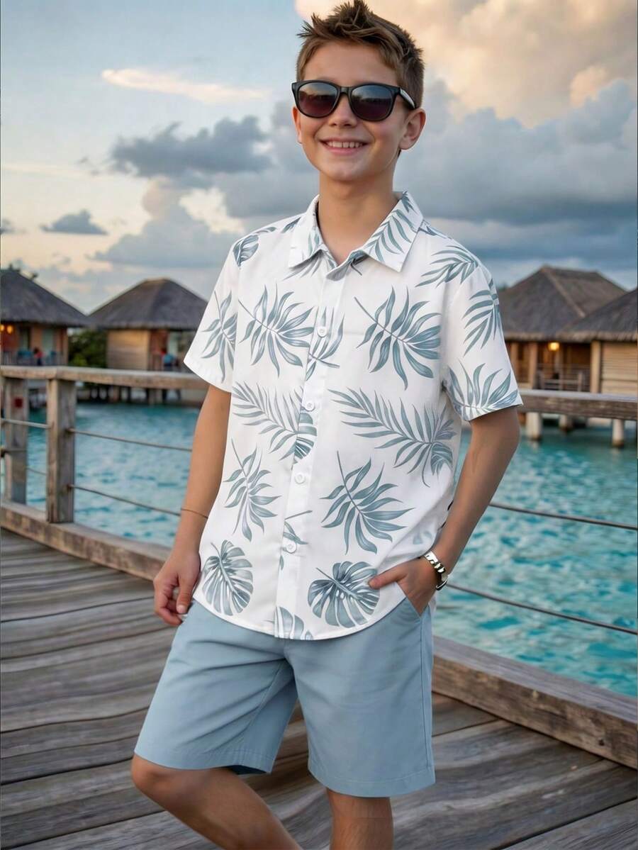 SHEIN 青少年男孩休閒時尚寬領襯衫,印花短袖襯衫2件套運動服,襯衫套裝,基礎上衣,適合春/夏,外出、情人節、約會、旅行、家庭聚會、返校、婚禮季、晚間活動、運動 - 藍色 - 查看 1