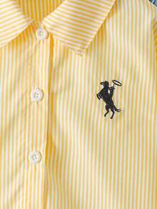 SHEIN Elladie kids 女童新款黃色條紋馬術圖案布料長袖休閒襯衫，適合日常休閒、優雅、度假、時尚、通勤與旅行穿搭 - 黃色 - 查看 7