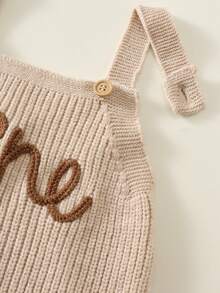 SHEIN 新生兒男嬰女嬰秋冬裝 卡其色針織連身衣 熊圖案手工刺繡吊帶褲毛衣，舒適時尚日常可愛復古經典百搭簡約多功能 - 卡其色 - 查看 6