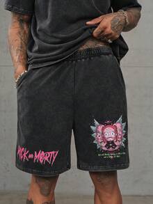 Rick and Morty X SHEIN Conjunto de camiseta de cuello redondo de manga corta con estampado de letras estilo hip hop y pantalones cortos con bolsillo para hombres - Negro - Ver 8