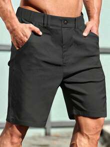 Manfinity Homme Men's Plus Size Solid Color Pocket Casual Versatile Straight LegBermuda Shorts - Black - View 3