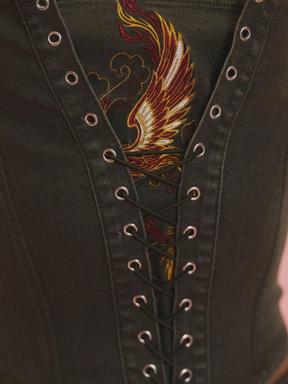 Khaki Embroidered Denim Cut Out Corset