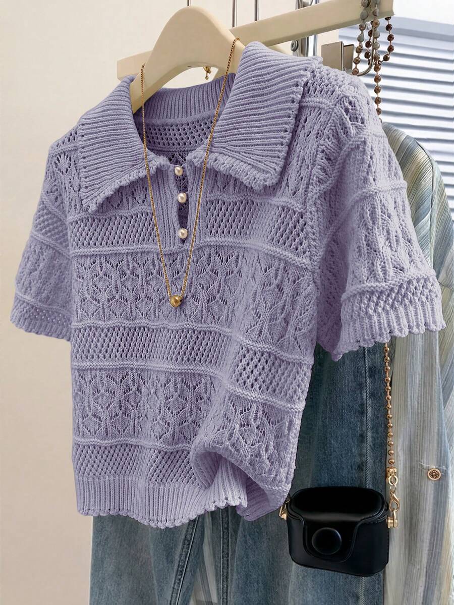 Everyssa New European & American Fashion Mixed Color Versatile Knit Sweater Top - Mauve Purple - View 1