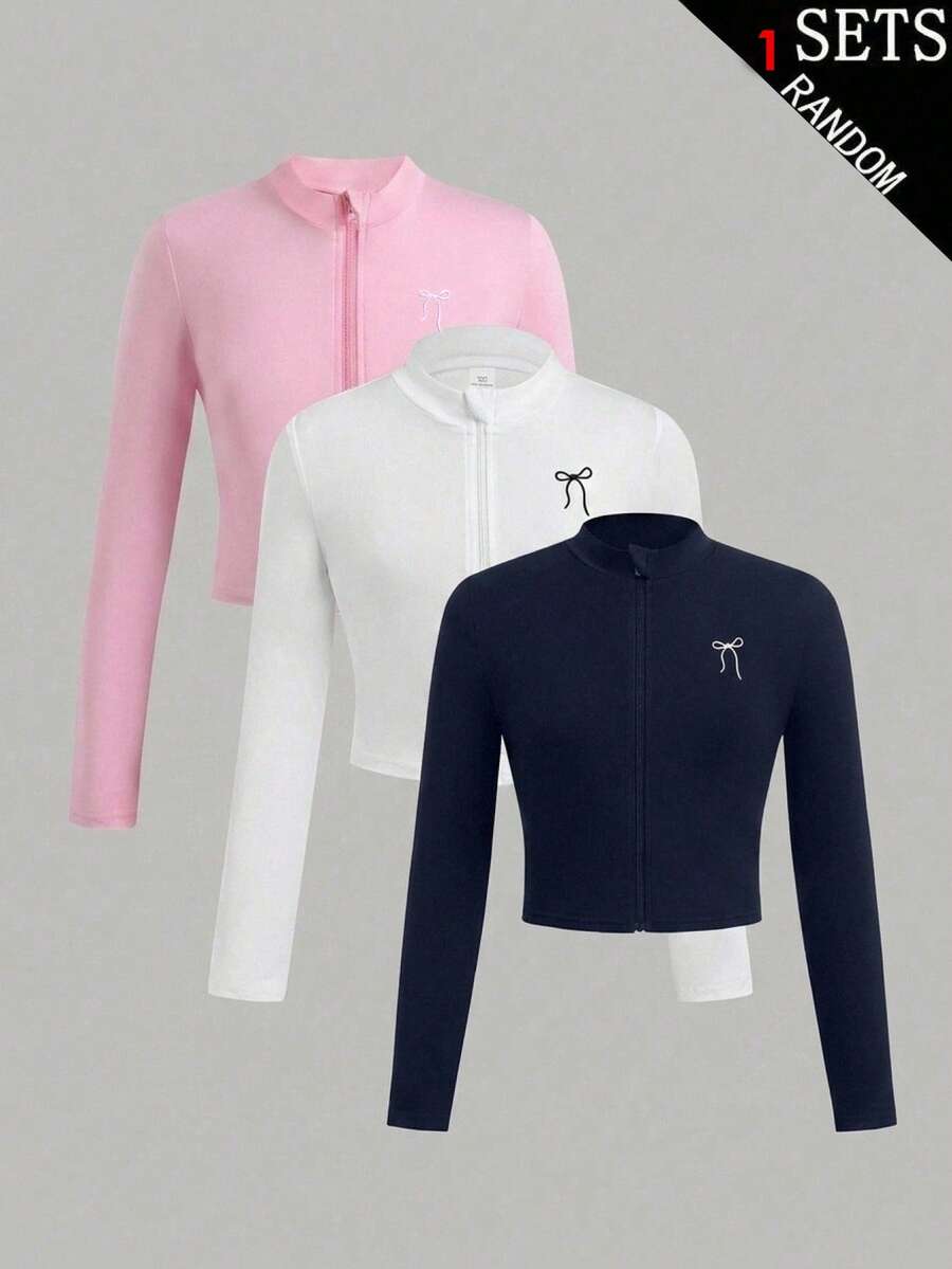 Tween Girl SHEIN 青少年女孩簡約休閒彈性長袖T恤,秋冬必備基礎單品,適合青少年女孩秋冬穿搭 - 粉色 - 查看 1