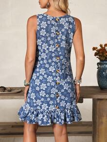 EMERY ROSE Summer Casual Jacquard Ruffle Hem Denim Dress - Blue - View 1