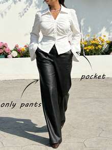 SHEIN MOD Plus Size Black Button Design Side Pocket Leather Straight Pants, Winter - Black - View 8