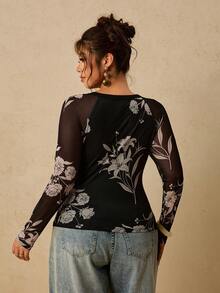 Travachic Damen-T-Shirt in Große Größen, lässig, Vintage, mit Blumenmuster, Mesh, Langarm, Basisschicht, für alle Jahreszeiten geeignet - Schwarz - Übersicht 3