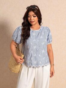 Elaquor Plus Size Women's Floral Embroidered Single-Breasted Short Petal Sleeve Blouse Casual Summer Daily Going Out Blouse Casual Office Business Work Blouse - Blue - View 5