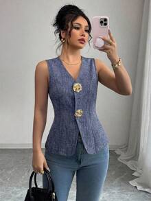 SHEIN Raffinéa 女款V領修身背心上衣，金色玫瑰鈕扣裝飾 - 紫色 - 查看 6