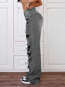 SHEIN ICON Damen-Jeans in großen Größen für den Sommer, avantgardistischer Streetstyle, mit Destroyed-Effekt und geradem Bein - Grau - Übersicht 3