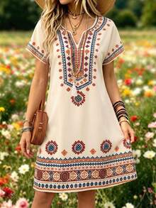 Selamara Notched V-Neck Short Sleeve Waist-Cinching Long Dress For Women - Apricot - View 1