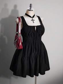 SHEIN ICON 女款大尺碼純色百褶休閒日常夏季洋裝 - 黑色 - 查看 4