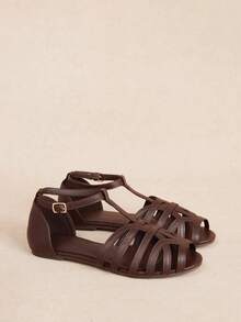 Rosivie Sandal Datar Gaya Romawi dengan Desain Gesper Kasual untuk Wanita, Sepatu Musim Panas untuk Pemakaian Sehari-hari - Kopi gelap - View 2