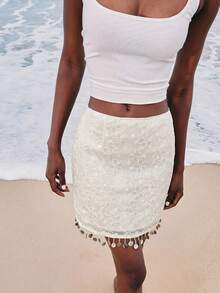 ATUI Studio Women's Elegant Sexy Sequin Tassel Hem Mini Skirt Party White Autumn - White - View 3