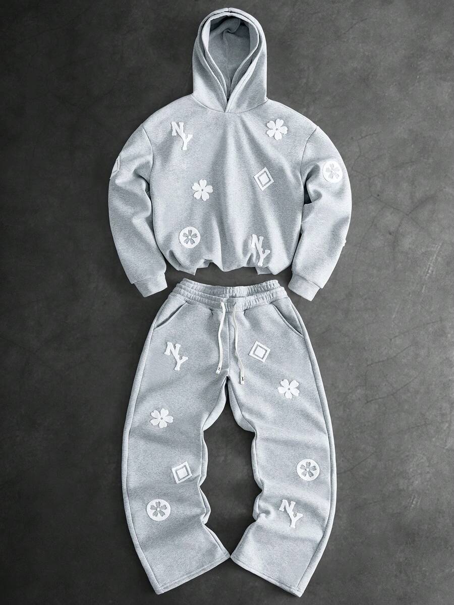 PAVTROS 男士街頭風熱銷 3D 毛巾刺繡字母連帽衛衣套裝,日常穿著,男友/丈夫禮物,週年紀念禮物 - 淺灰色 - 查看 1