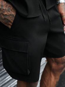 SLATEMANN Men's Solid Color Utility Pocket Short Sleeve Shirt And Shorts Casual Set - Black - View 5