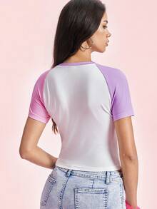 SHEIN X Care Bears Women's Round Neck Letter Cartoon Print Colorblock Slim Fit Versatile Casual Daily T-Shirt - Multicolor - View 2