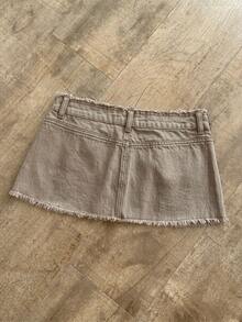 Elamini Distressed Ultra Low Waist Denim Mini Skirt - Khaki - View 4