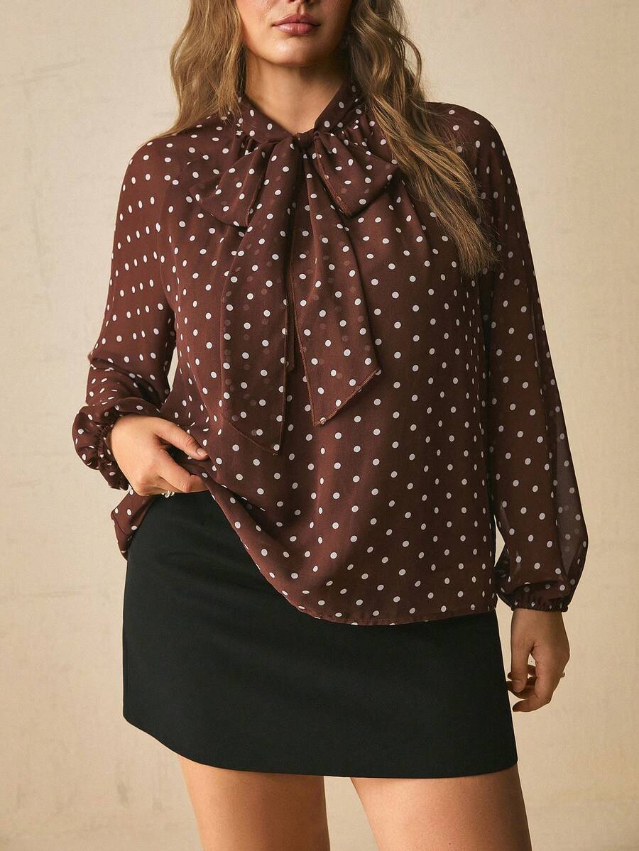 Freevana French Retro Elegant | Brown Polka Dot Sheer Chiffon Long Sleeve Blouse Neck Bow Loose Fit Top - Coffee Brown - View 1