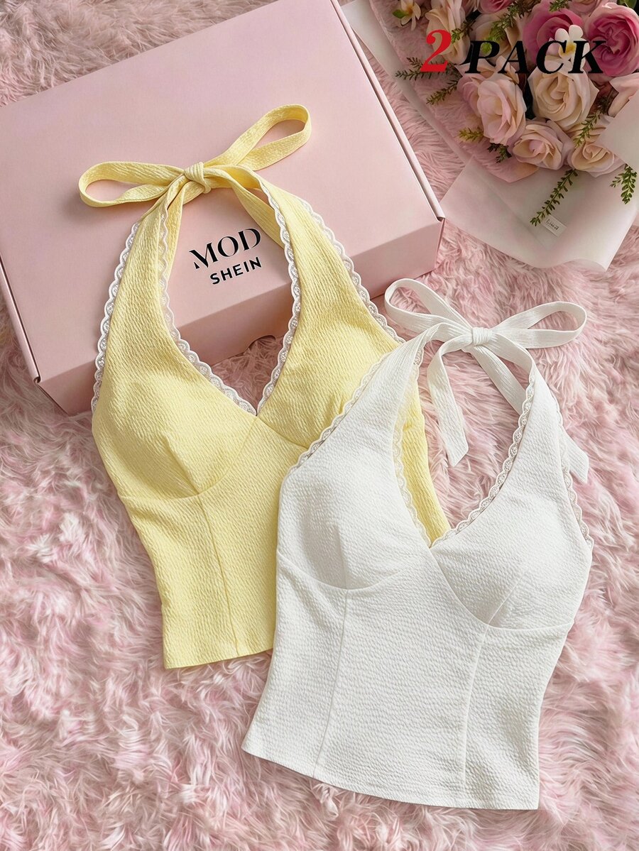 SHEIN MOD 女款蕾絲飾邊掛脖繫帶修身百搭休閒浪漫可愛日常上衣,淡黃色與白色,適合夏季度假、鄉村音樂會與外出穿搭 - 彩色 - 查看 1