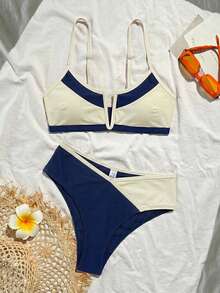 Costavie Minimalist Colorblock V-Neck Underwire Women's Top And Patchwork Multicolor High-Waist Triangle Bikini Bottoms 2-Piece Set - Navy Blue - View 4