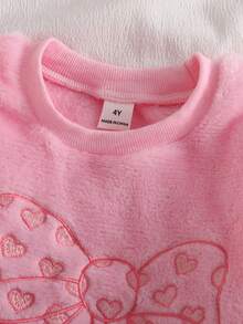 Girls' 2pcs Soft Skin-Friendly Plush Bow & Heart Embroidered Long Sleeve & Pants Loungewear Set Crew Neck Knit Print Embroidery Autumn/Winter - Pink - View 5