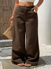 Dazy Plus Summer New Loose Casual Straight Leg Denim Jeans Brown Versatile Plus Size Women All Season Spring Autumn - Brown - View 7