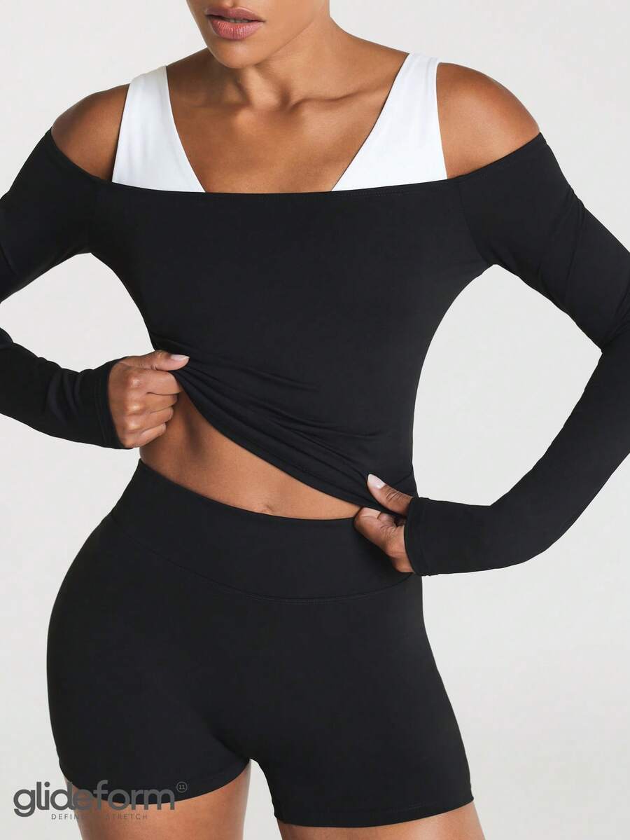 11SKNDS Off-Shoulder Long Sleeve Bardot Crop Top With Cold-Shoulder Cutout, Fitted Silhouette, Everyday Casual Layering Essential - Black - View 1