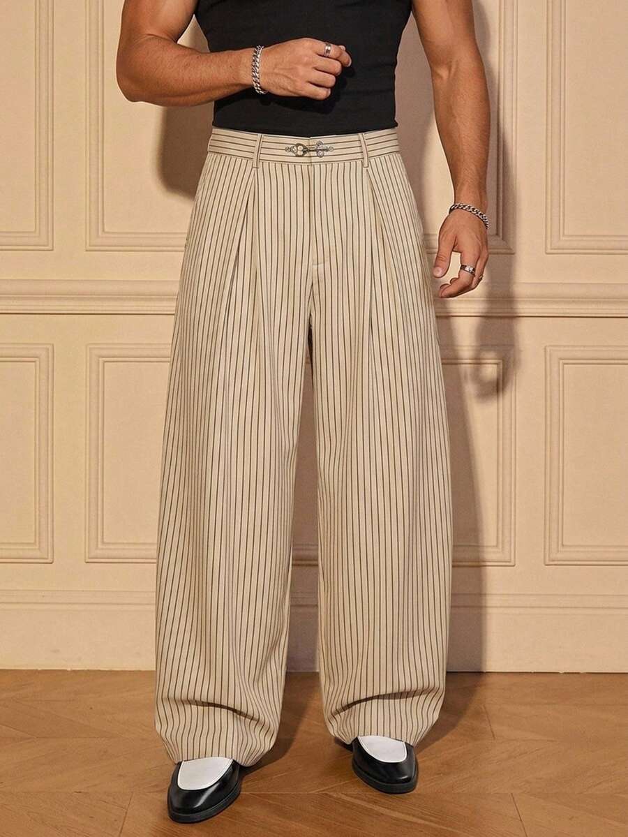 SIGLOCORE Men's Metal Buckle Striped Colorblock Pleated Pocket Loose Long Pants - Apricot - View 1