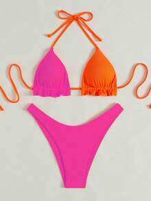 Swim Basics Vacation Beach Colorblock Bikini Set - Hot Pink - View 3