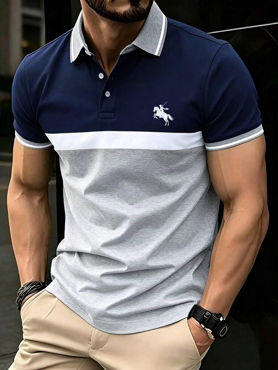 Manfinity Homme 春夏新款男士短袖 Polo 衫,時尚拼色設計,翻領鈕扣開襟,適合高爾夫、健身、戶外運動、日常休閒、度假穿著,純色百搭風格,理想的男士生日/節日禮物 - 灰色 - 查看 1